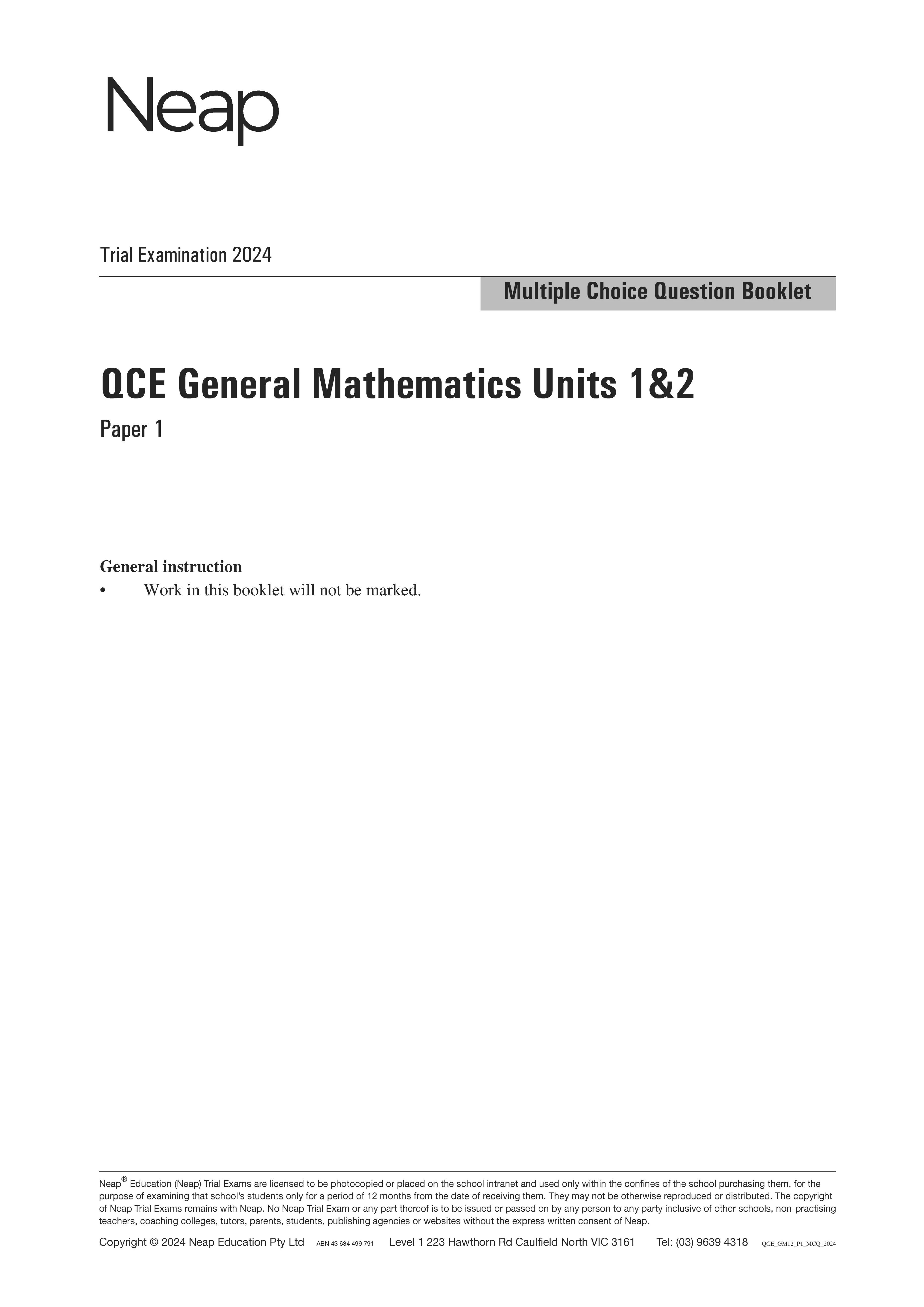 Neap Practice Exam: 2024 QCE General Maths Units 1&2 (Papers 1 and 2) (Digital)