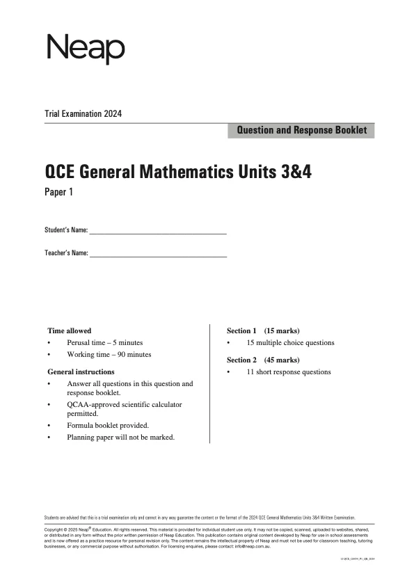 Neap Practice Exam: 2024 QCE General Maths Units 3&4 (Papers 1 and 2) (Digital)