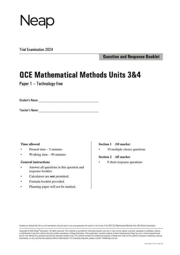 Neap Practice Exam: 2024 QCE Maths Methods Units 3&4 (Papers 1 and 2) (Digital)