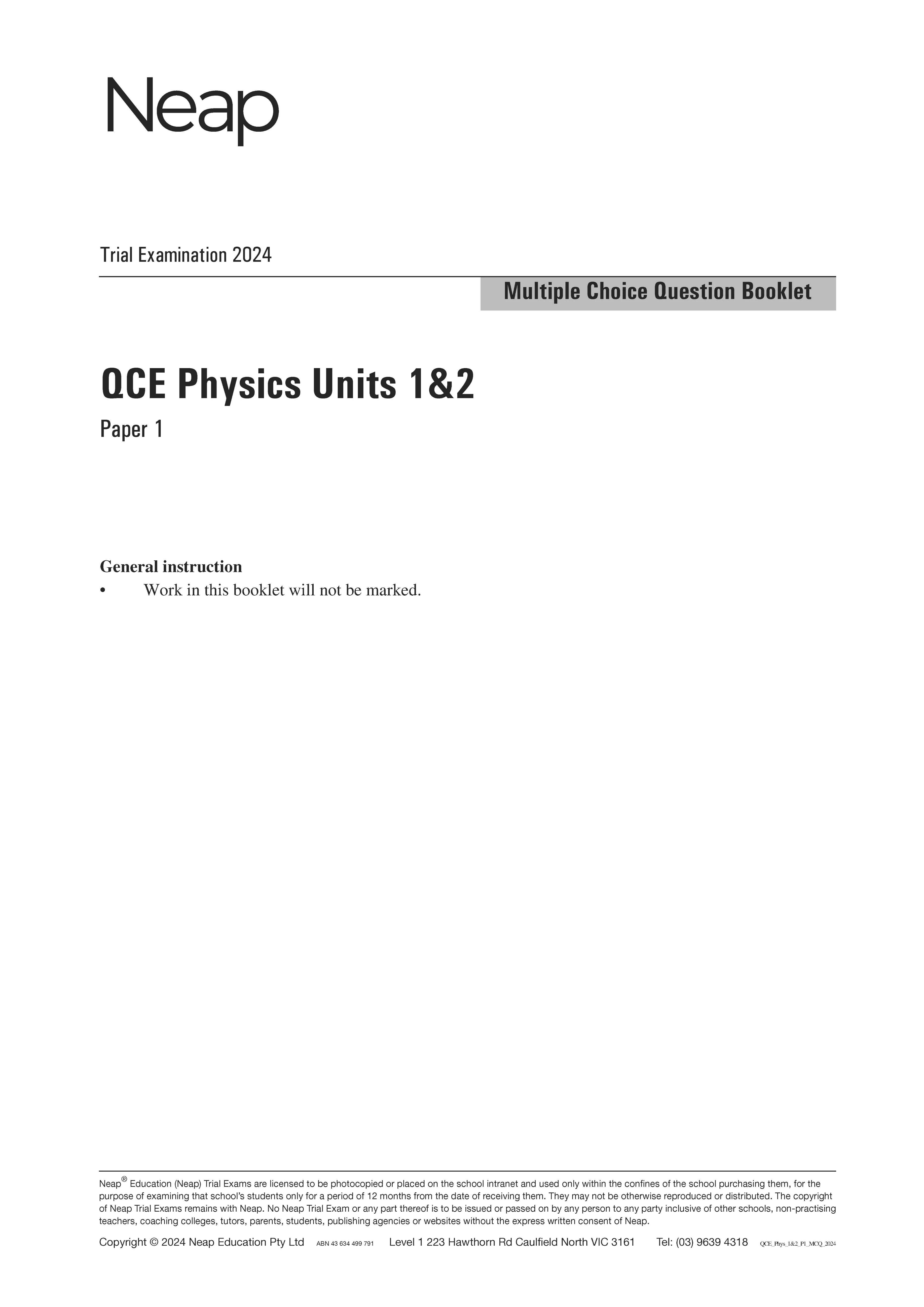Neap Practice Exam: 2024 QCE Physics Units 1&2 (Papers 1 and 2) (Digital)
