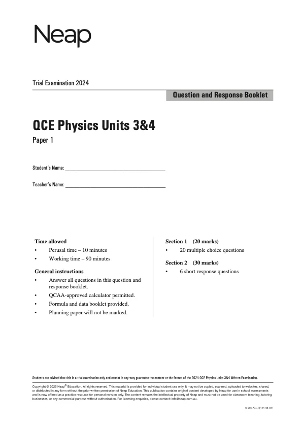 Neap Practice Exam: 2024 QCE Physics Units 3&4 (Papers 1 and 2) (Digital)