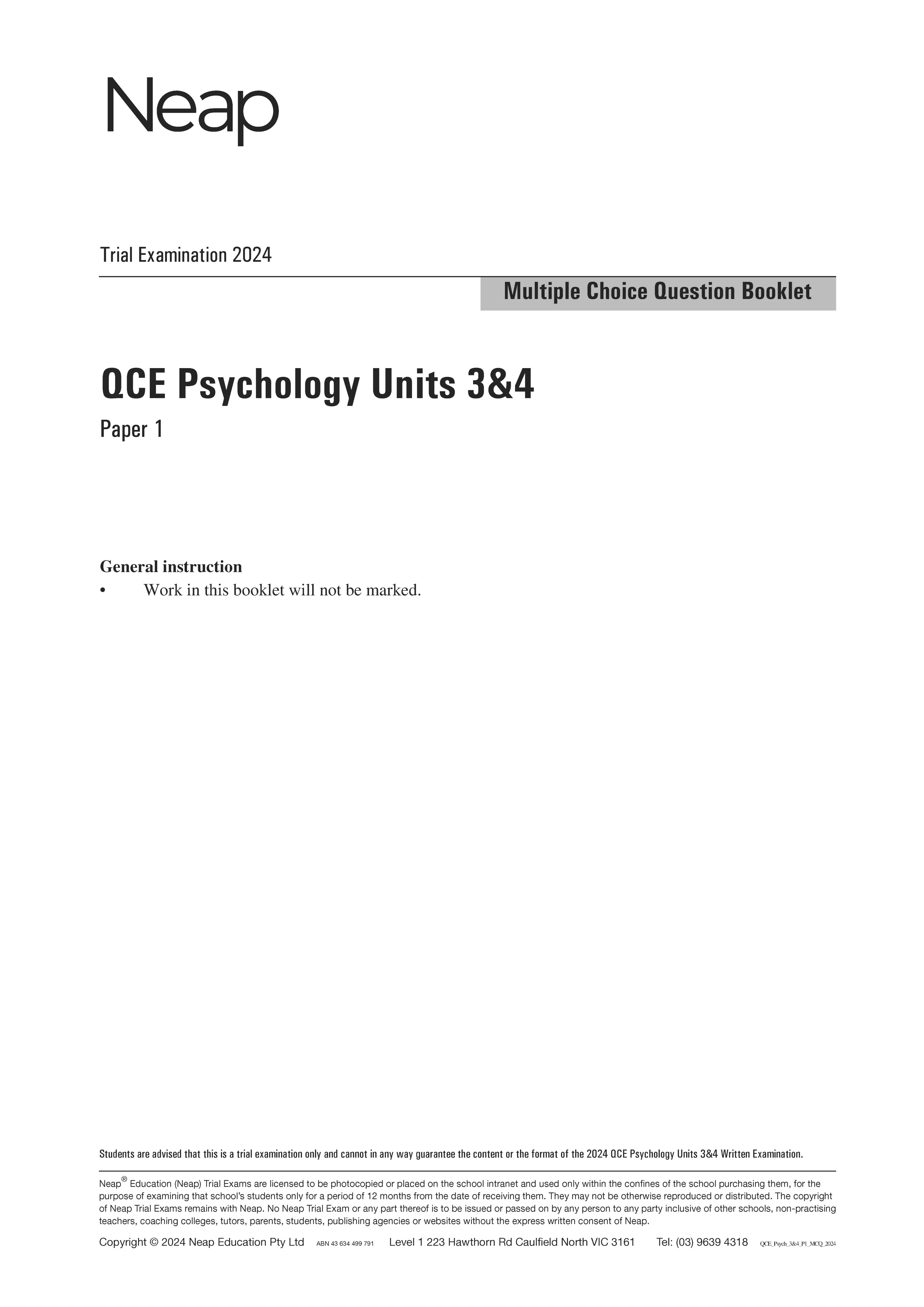 Neap Practice Exam: 2024 QCE Psychology Units 3&4 (Papers 1 and 2) (Digital)