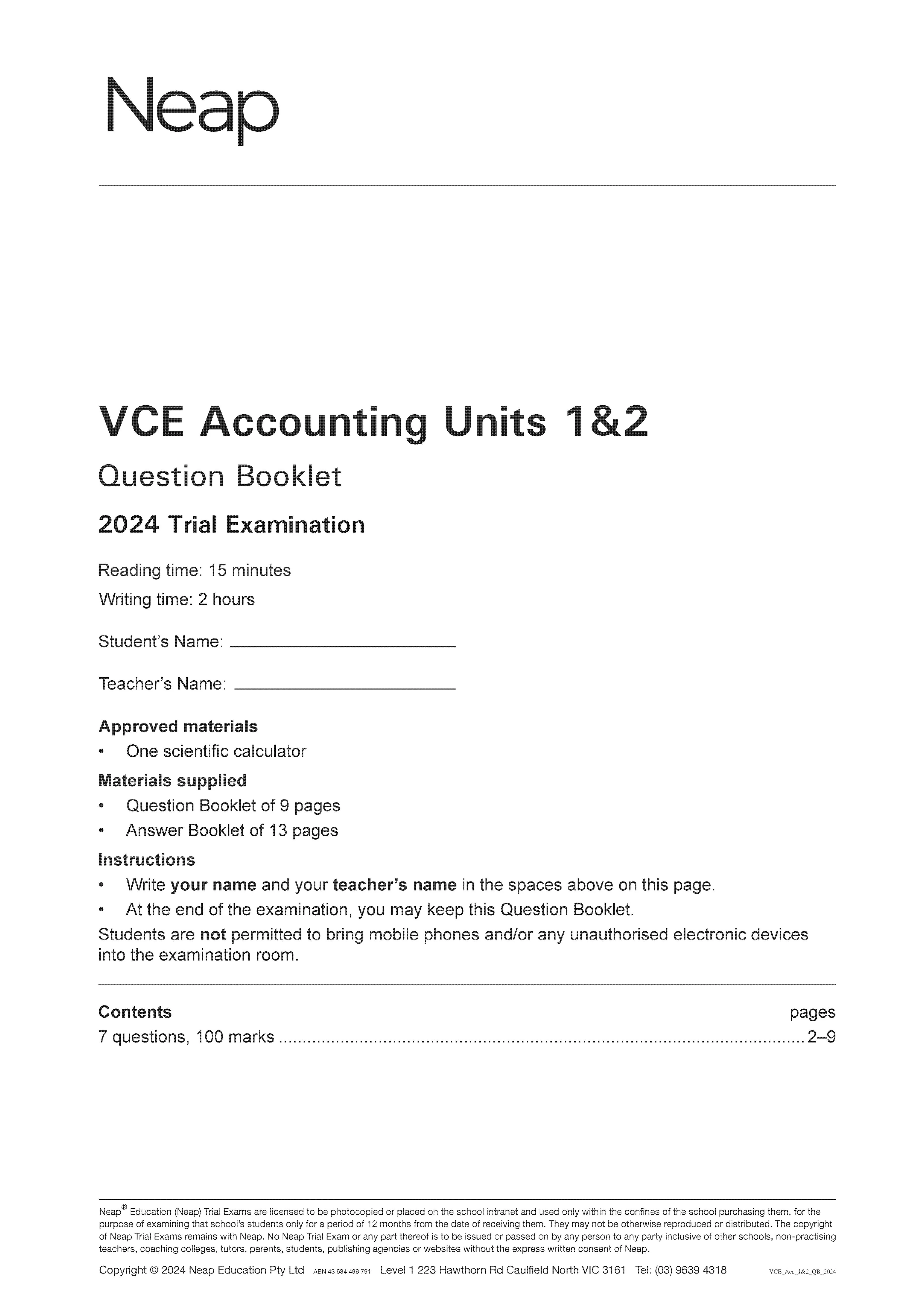 Neap Practice Exam: 2024 VCE Accounting Units 1&2 (Digital)