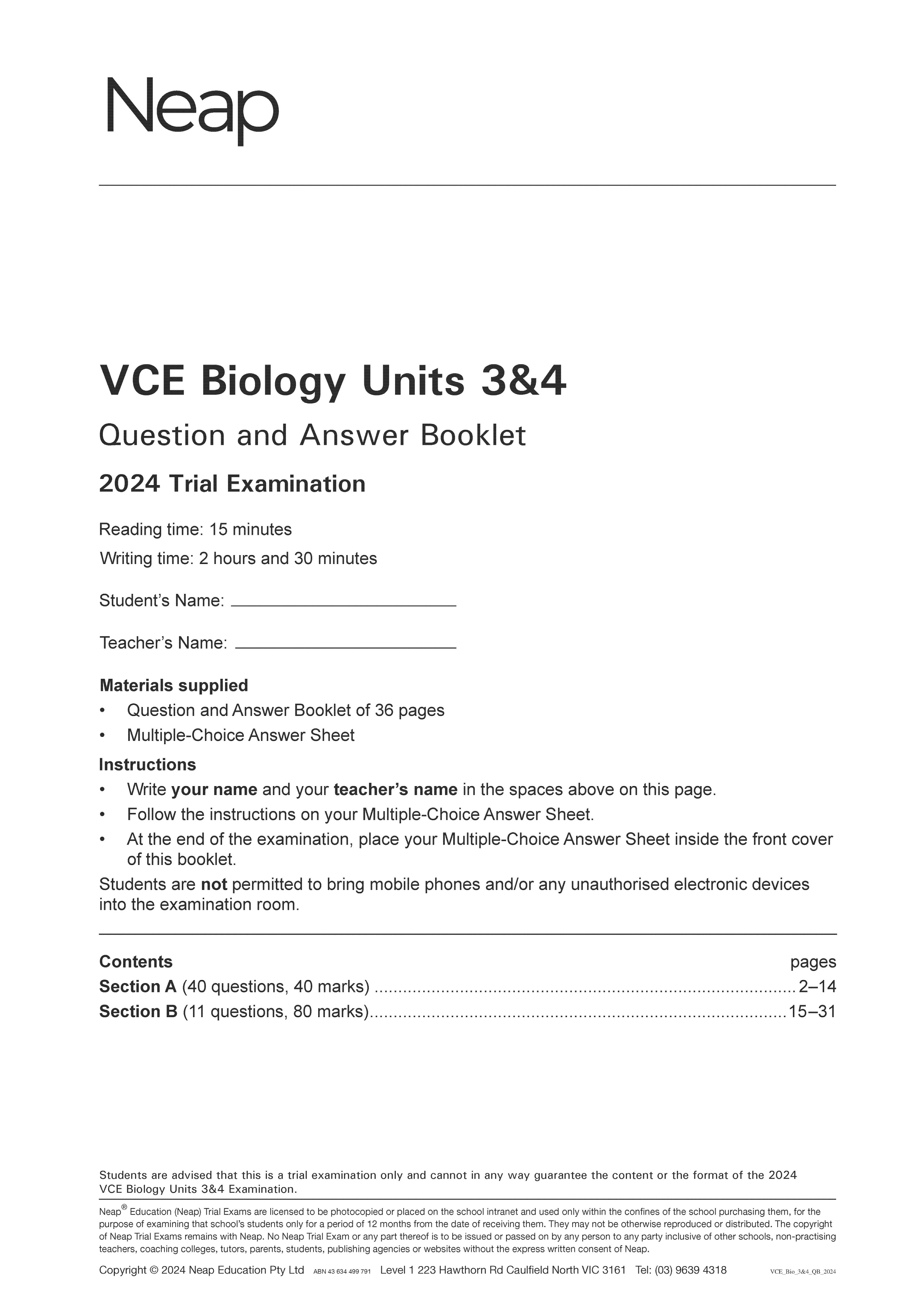 Neap Practice Exam: 2024 VCE Biology Units 3&4 (Digital)