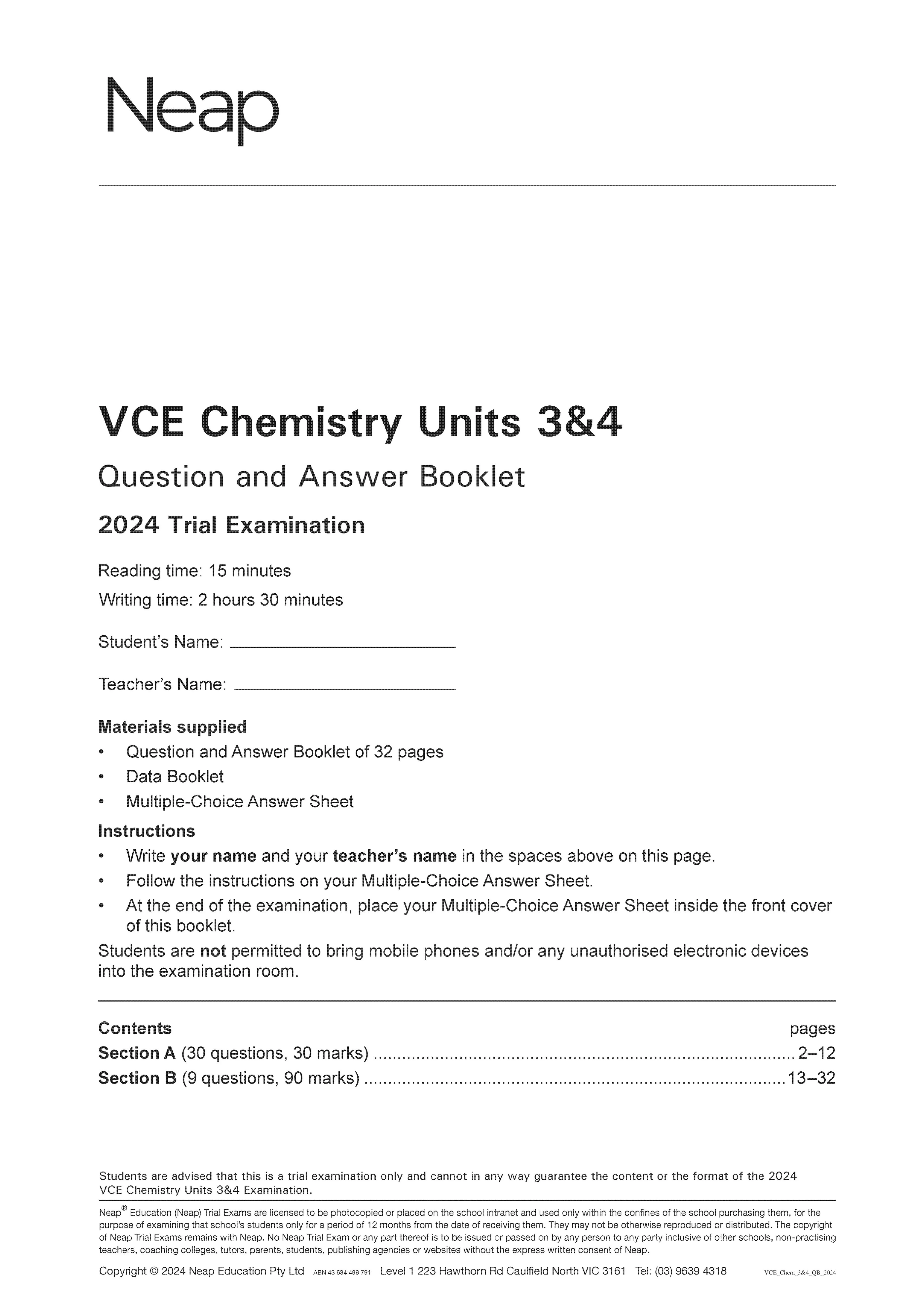 Neap Practice Exam: 2024 VCE Chemistry Units 3&4 (Digital)