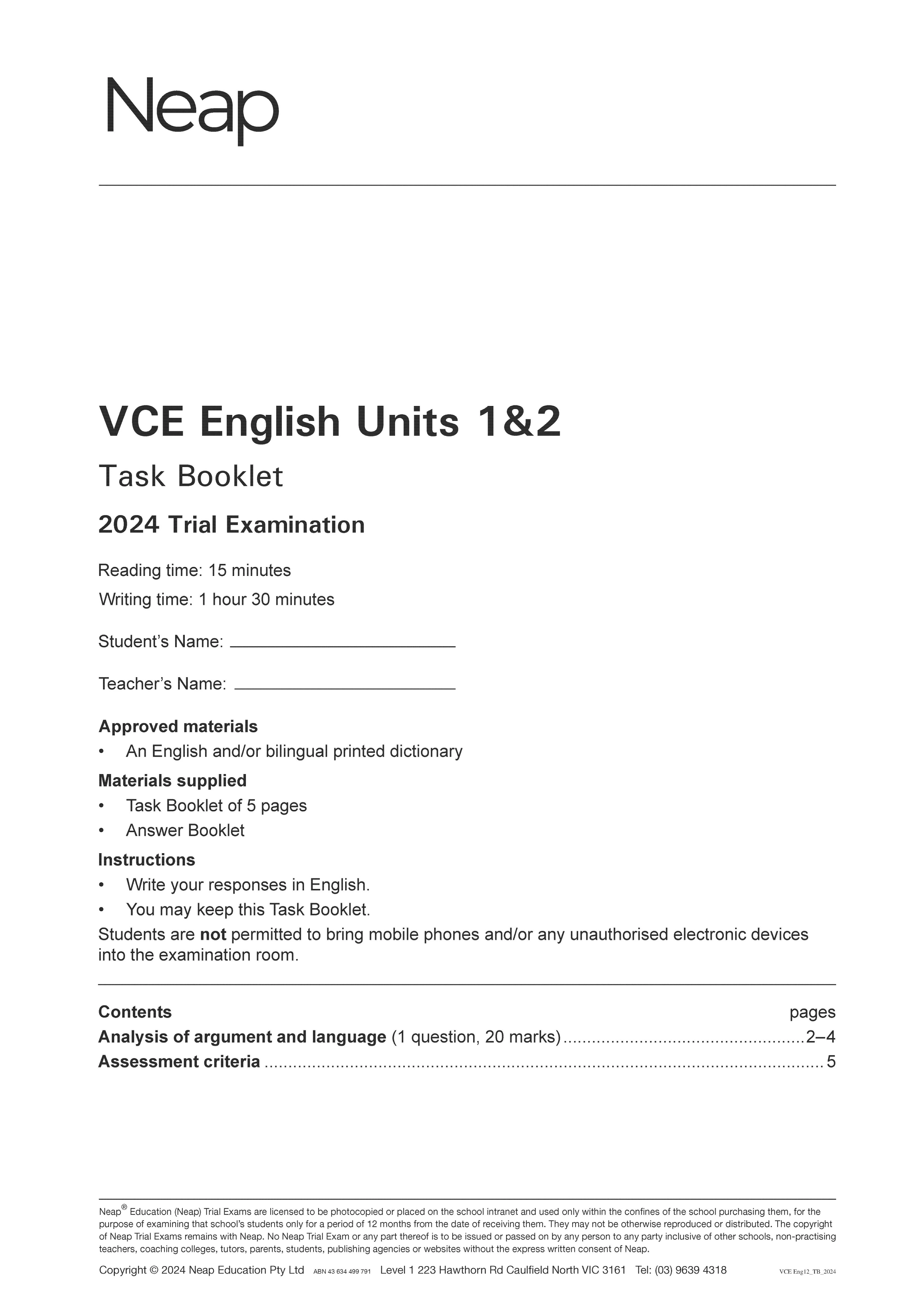 Neap Practice Exam: 2024 VCE English Units 1&2 (Digital)