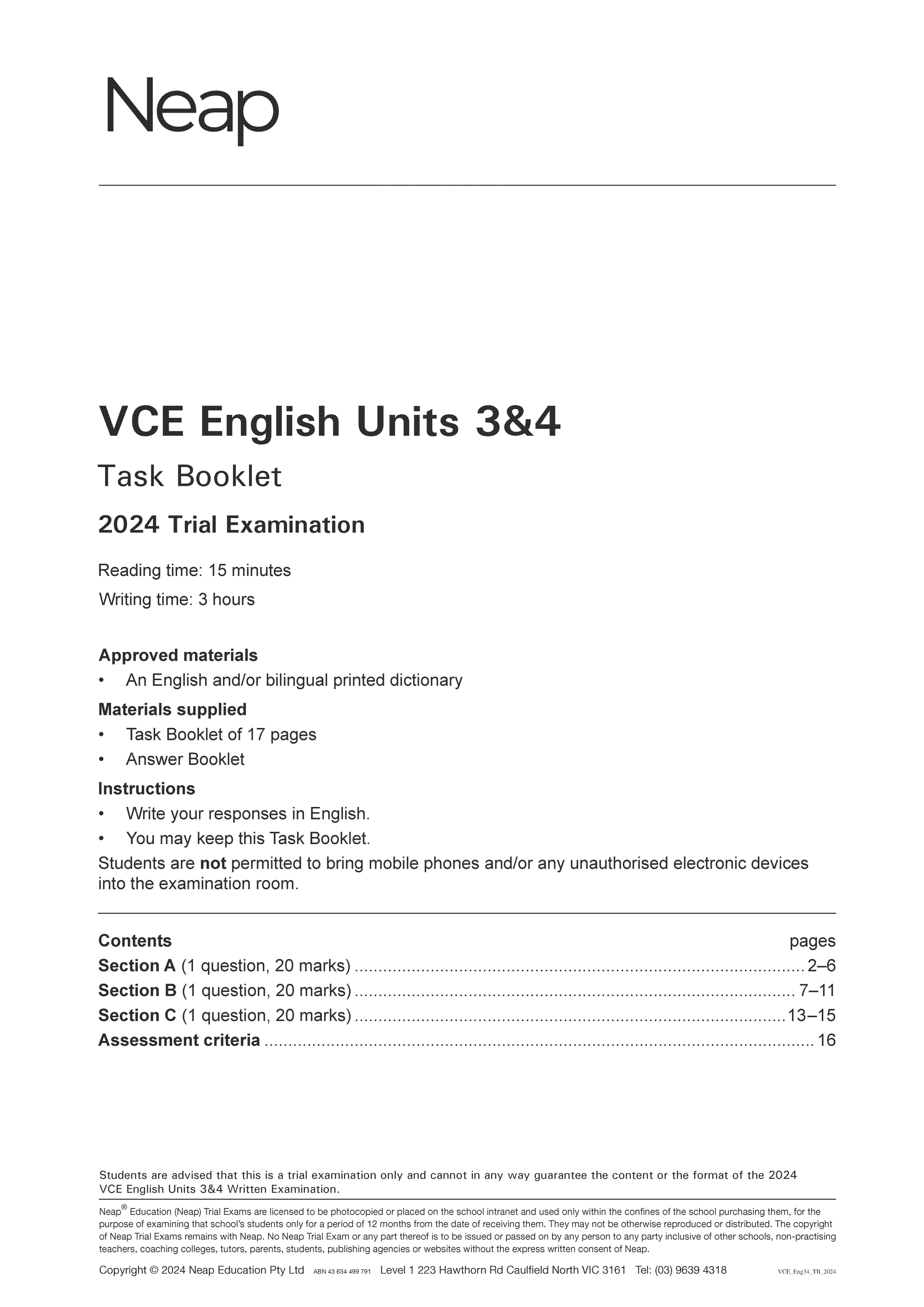 Neap Practice Exam: 2024 VCE English Units 3&4 (Digital)