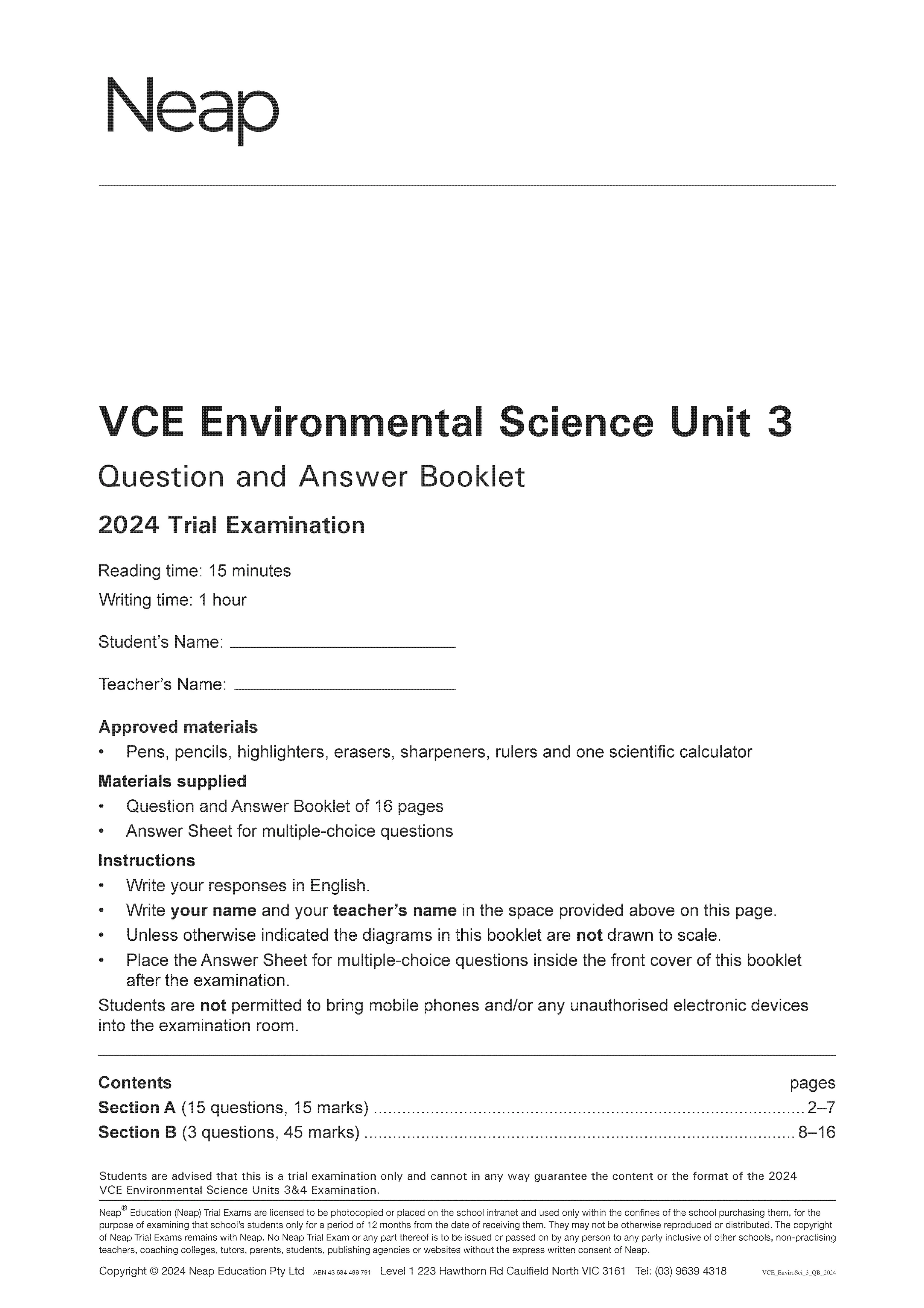 Neap Practice Exam: 2024 VCE Environmental Science Unit 3 (Digital)