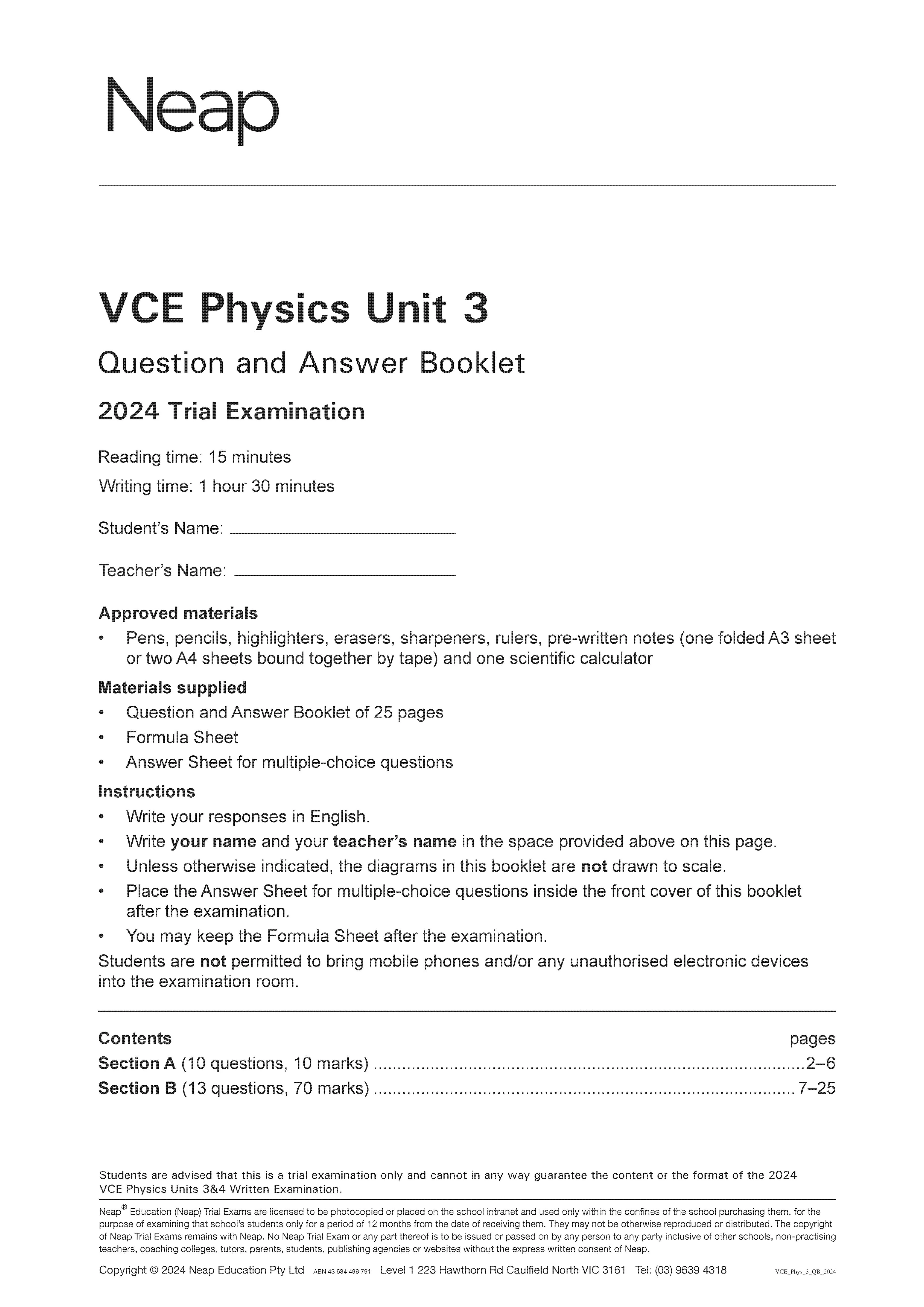 Neap Practice Exam: 2024 VCE Physics Unit 3 (Digital)
