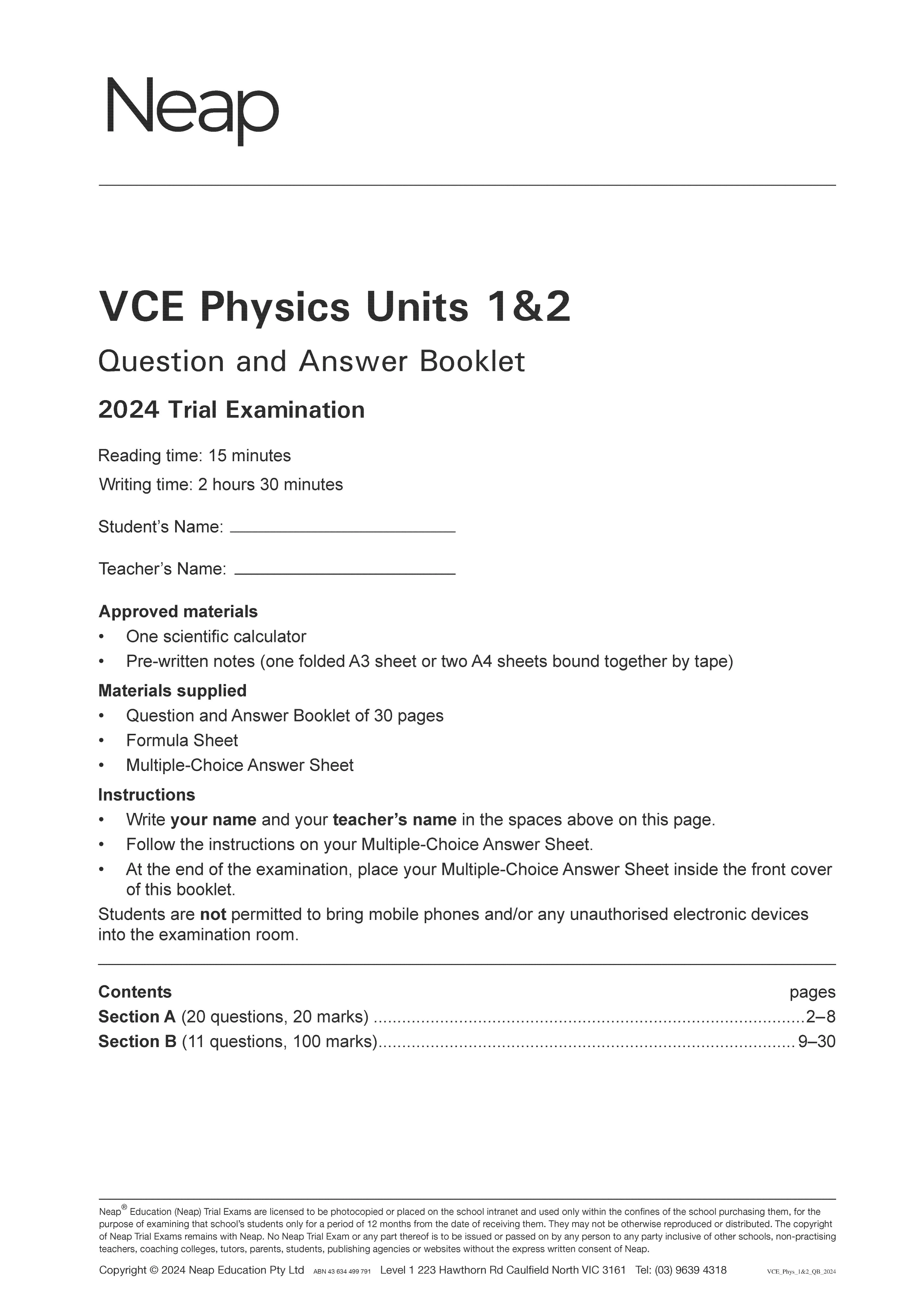 Neap Practice Exam: 2024 VCE Physics Units 1&2 (Digital)