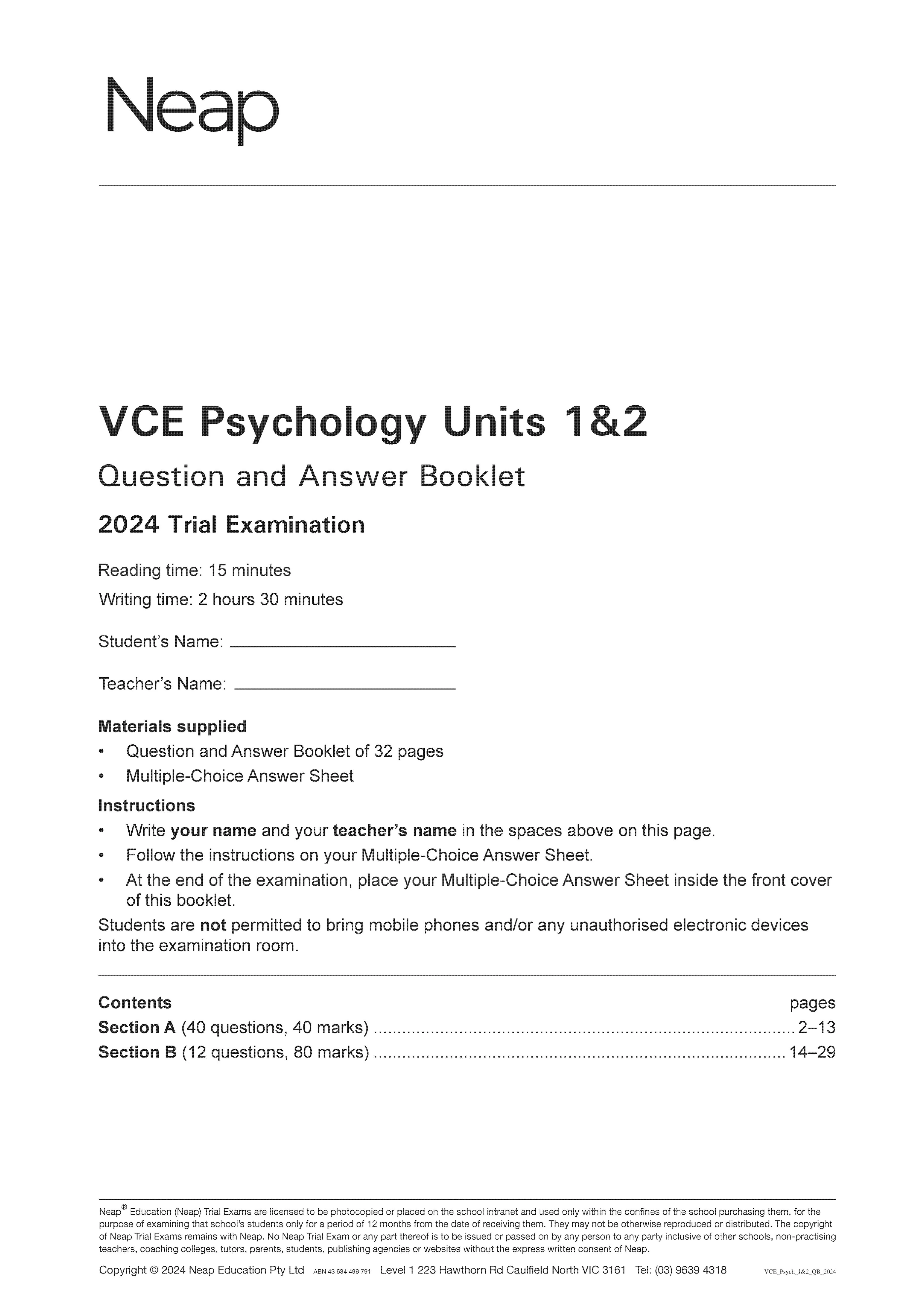 Neap Practice Exam: 2024 VCE Psychology Units 1&2 (Digital)