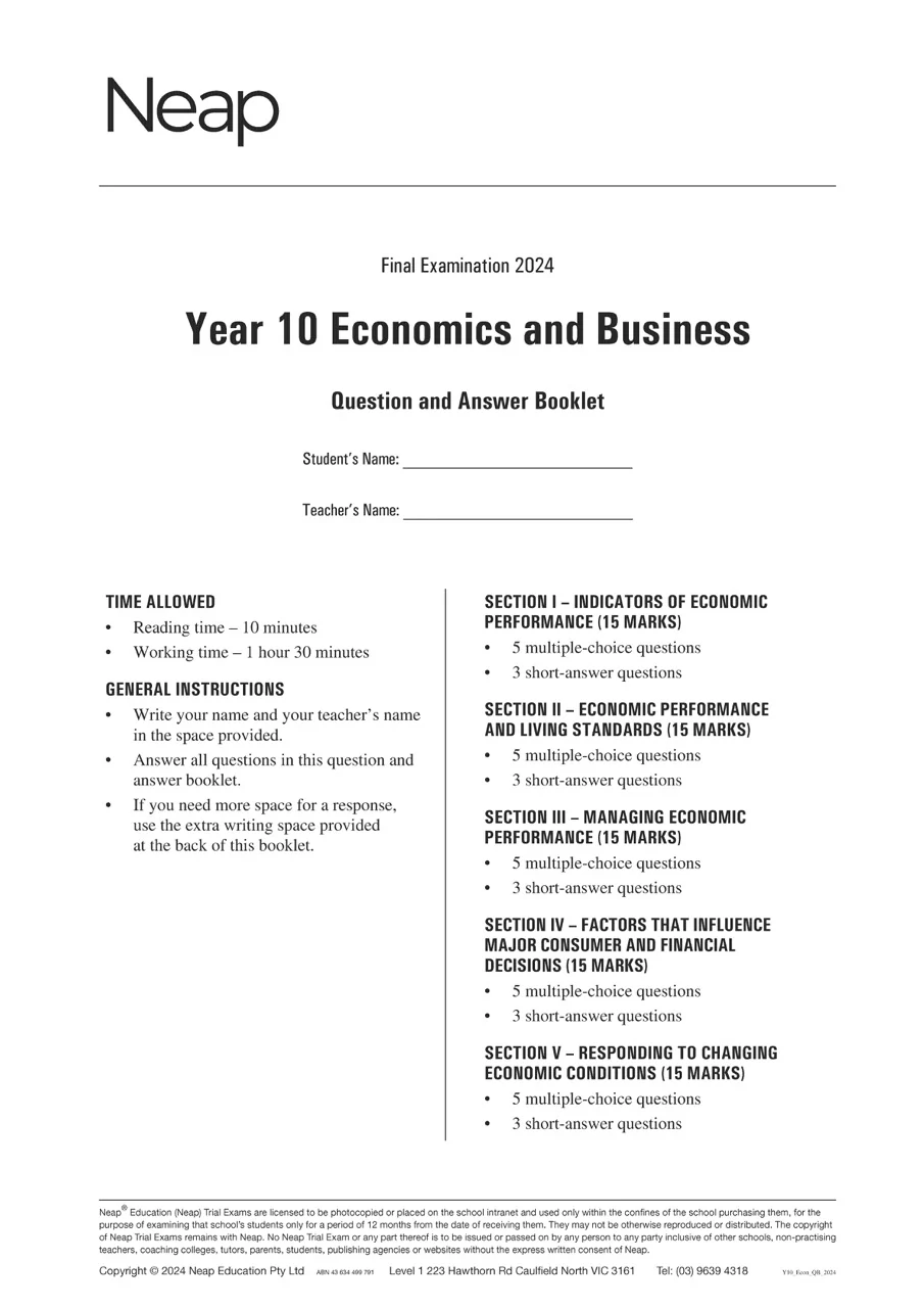 Neap Practice Exam: 2024 Year 10 Economics and Business (Digital)