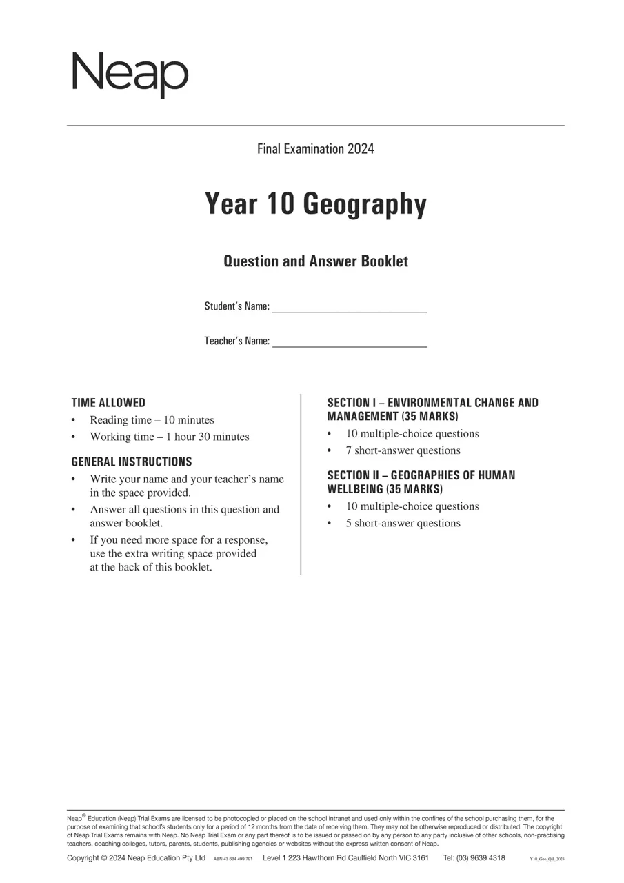Neap Practice Exam: 2024 Year 10 Geography (Digital)