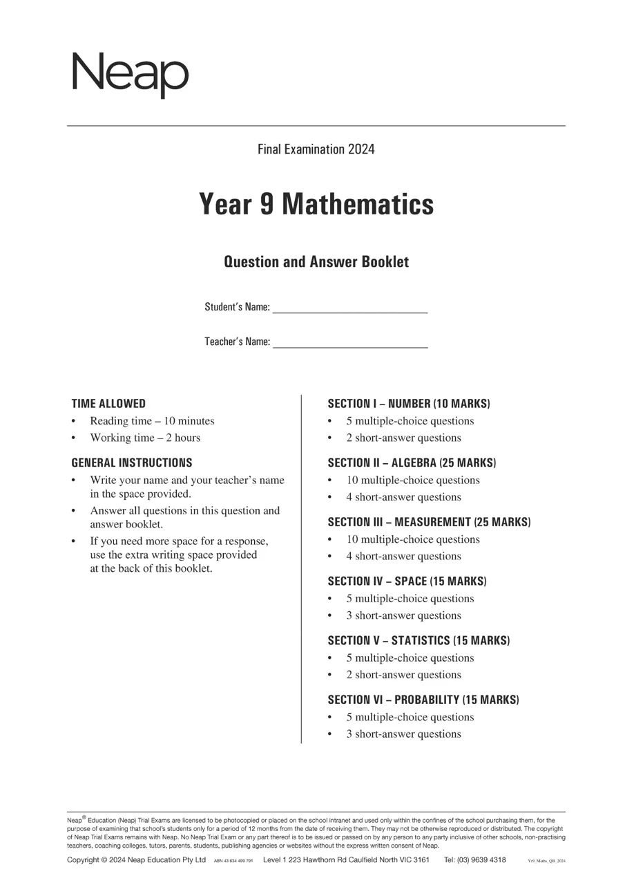 Neap Practice Exam: 2024 Year 9 Maths (Digital)